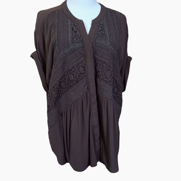 CHICO'S 2 Boho Artsy Crochet Blouse Top L Short Sleeves Flowy Career Vacation - Picture 5 of 10